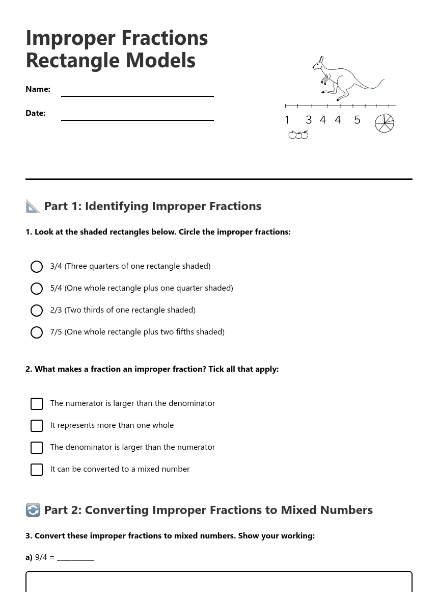 Improper Fractions Rectangle Models worksheet preview