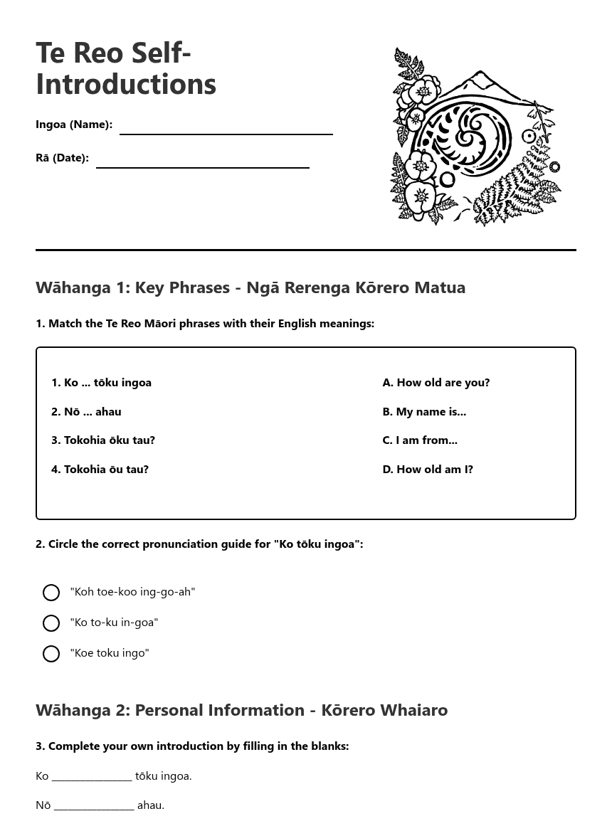 Te Reo Self-Introductions worksheet preview