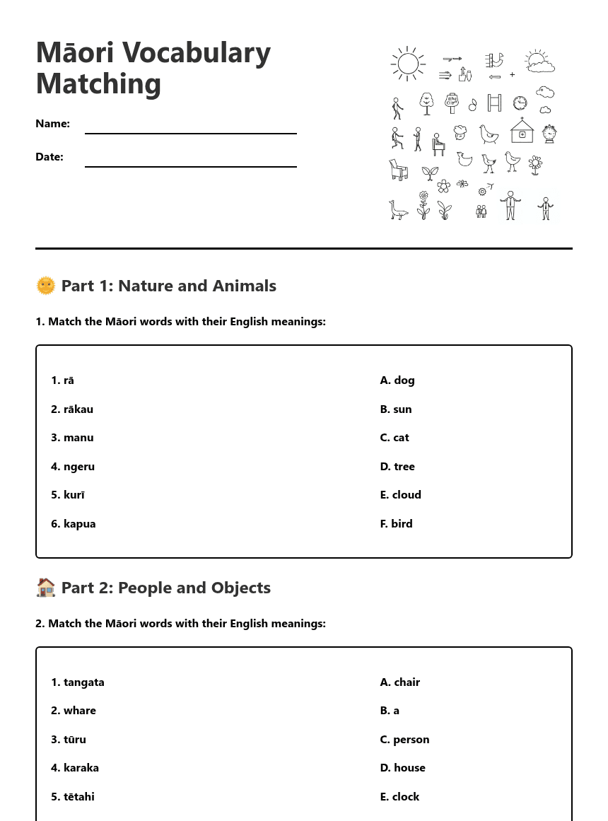 Māori Vocabulary Matching worksheet preview