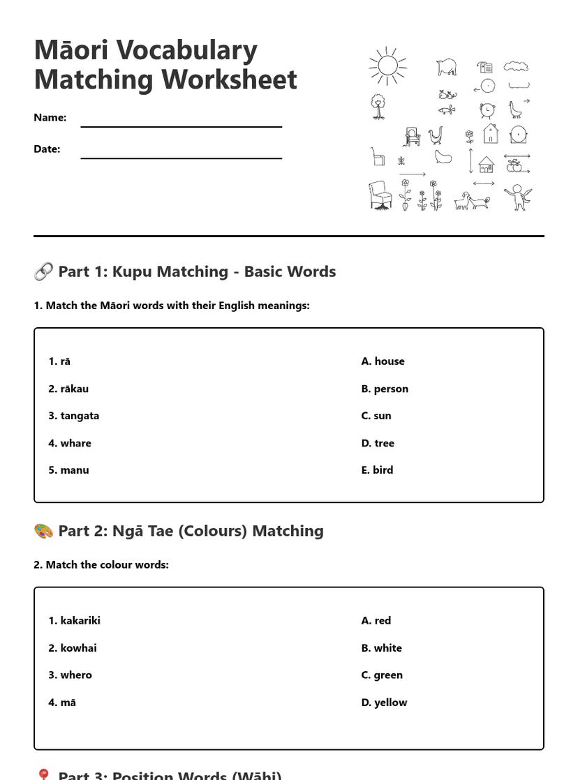 Māori Vocabulary Matching Worksheet