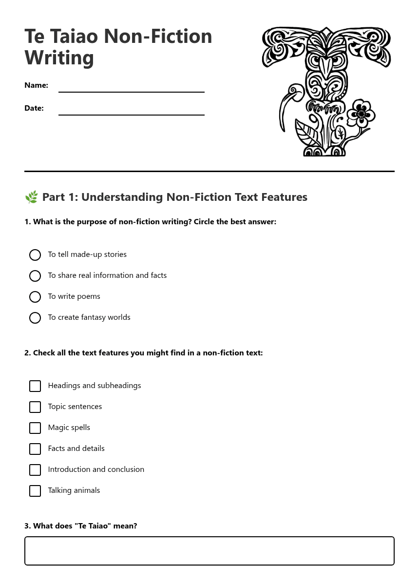 Te Taiao Non-Fiction Writing worksheet preview