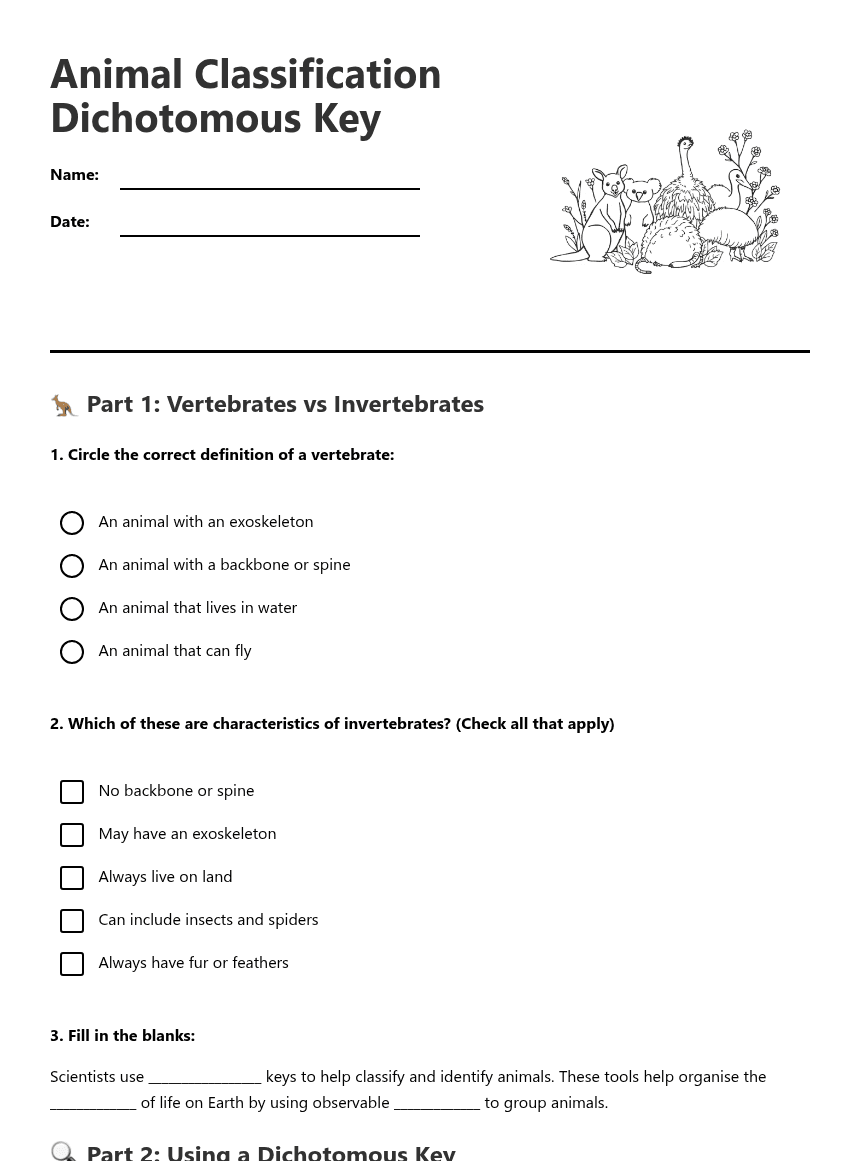 Animal Classification Dichotomous Key worksheet preview