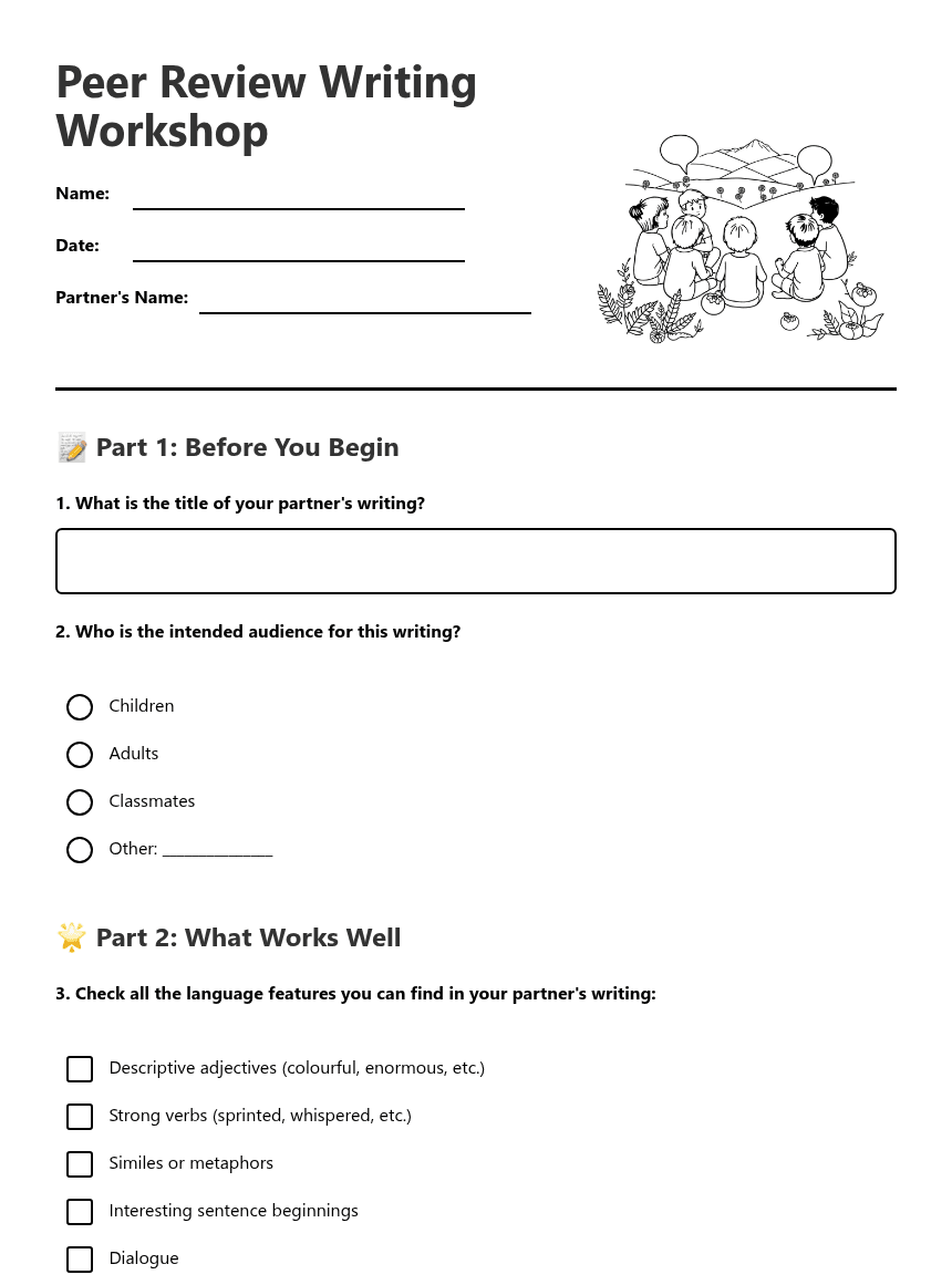 Peer Review Writing Workshop worksheet preview