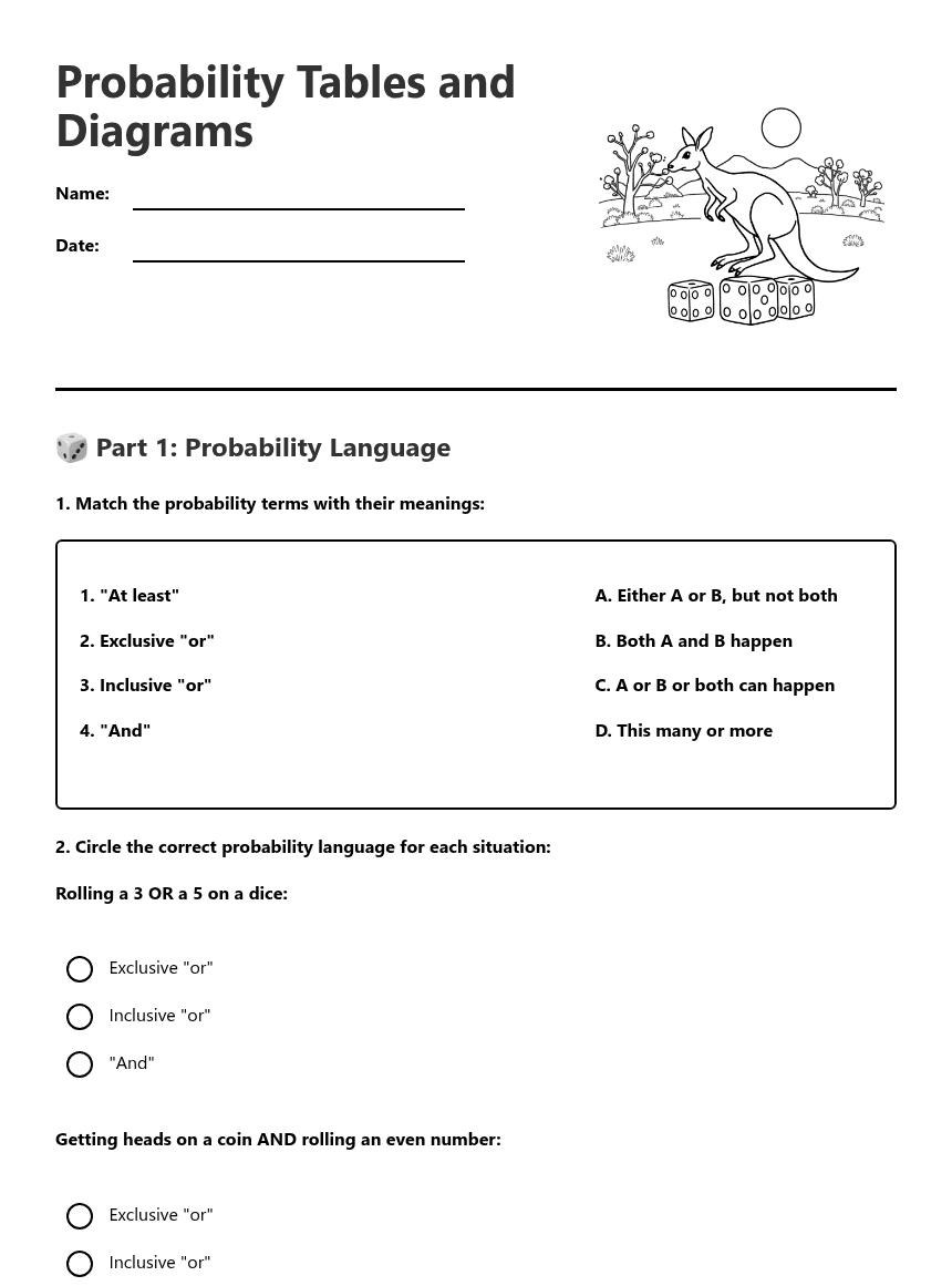 Probability Tables and Diagrams worksheet preview