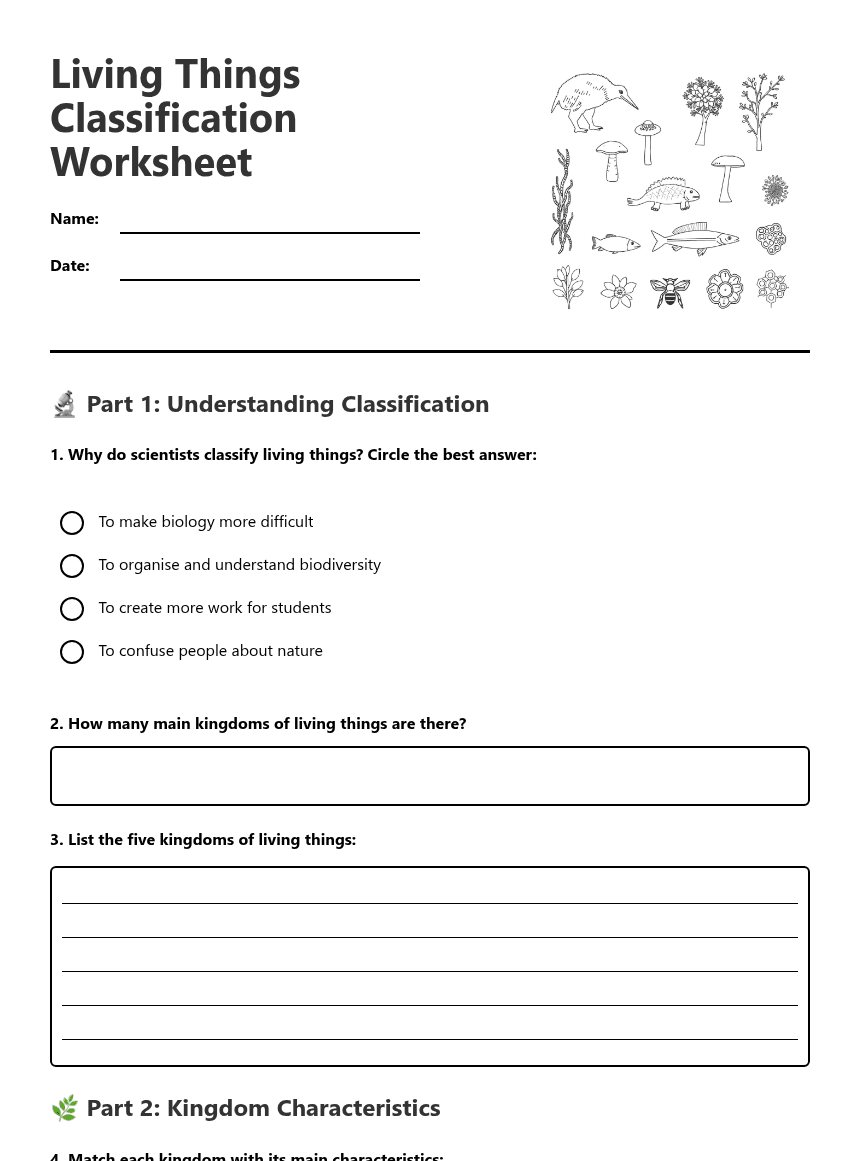Living Things Classification Worksheet worksheet preview