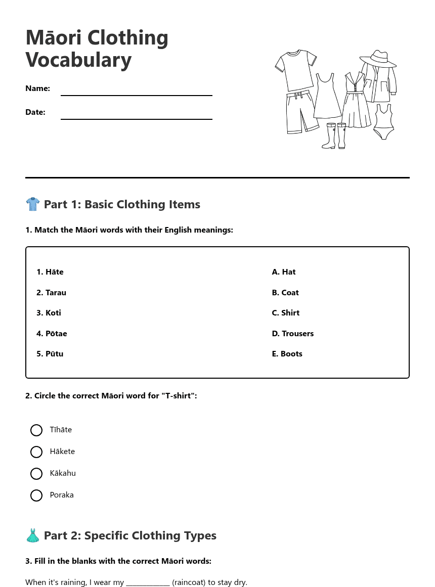 Māori Clothing Vocabulary worksheet preview