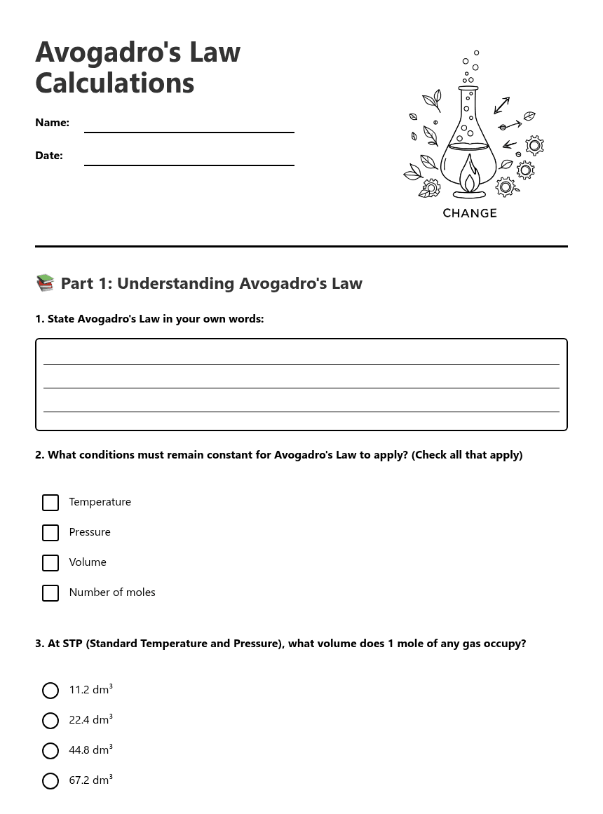 Avogadro's Law Calculations worksheet preview