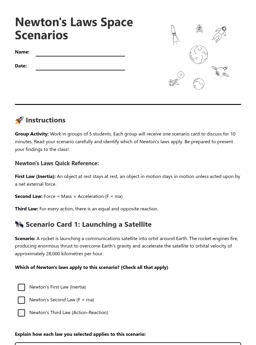 Newton's Laws Space Scenarios worksheet preview