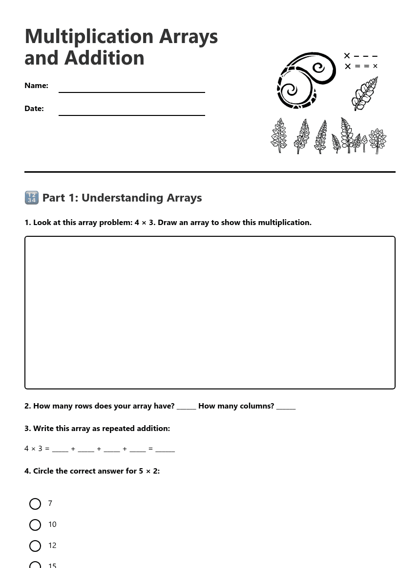 Multiplication Arrays and Addition worksheet preview