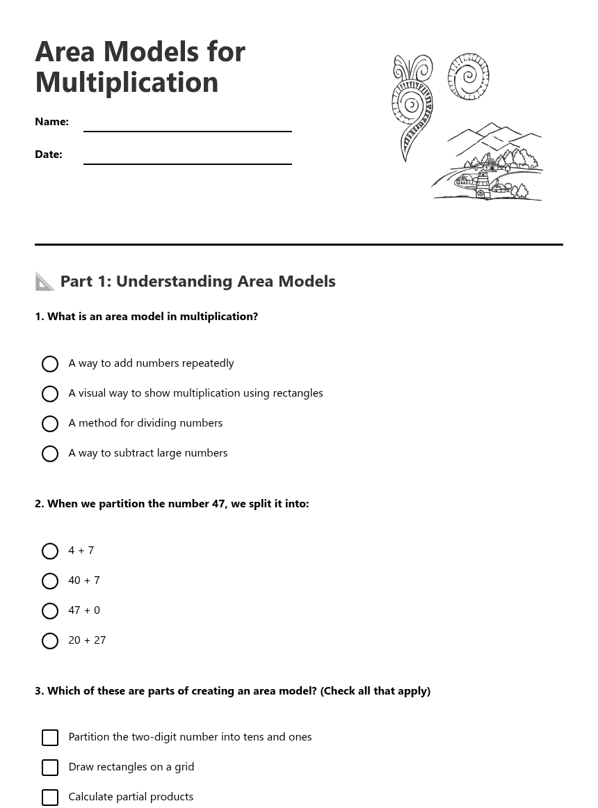 Area Models for Multiplication worksheet preview