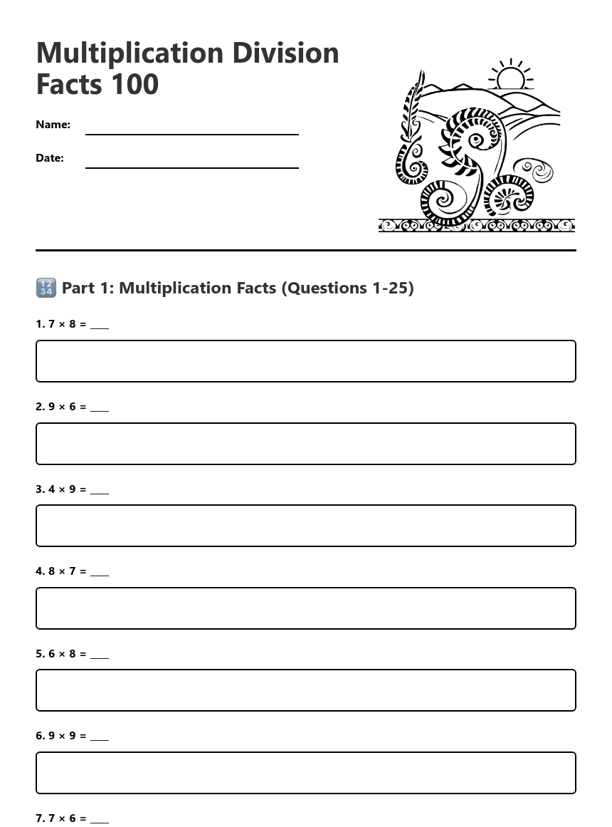 Multiplication Division Facts 100 worksheet preview