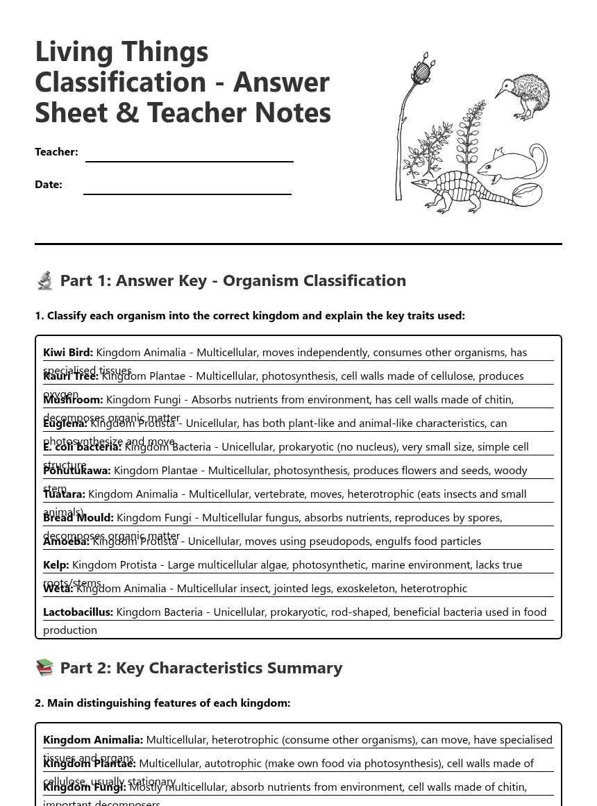 Living Things Classification worksheet preview