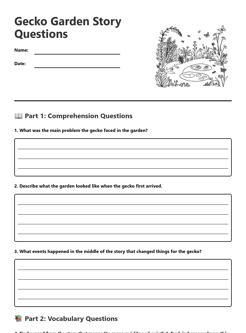 Gecko Garden Story Questions worksheet preview