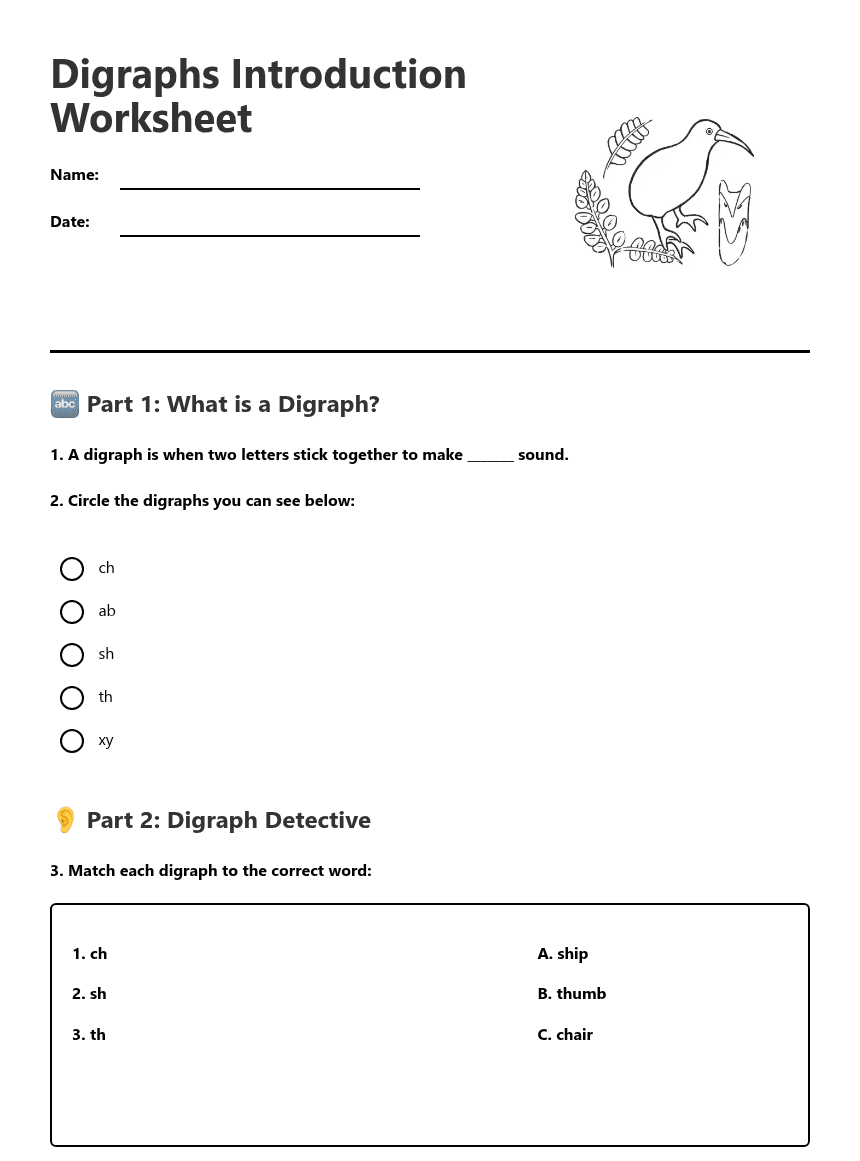 Digraphs Introduction Worksheet worksheet preview