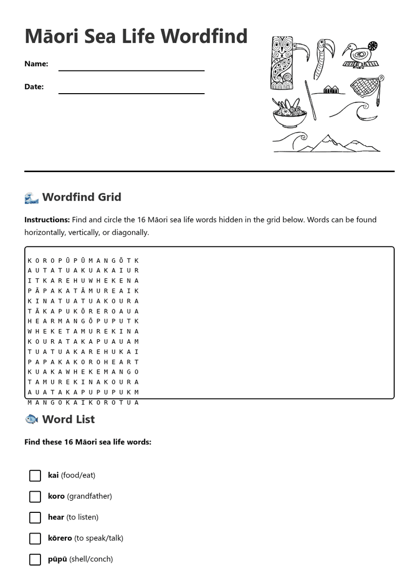 Māori Sea Life Wordfind
