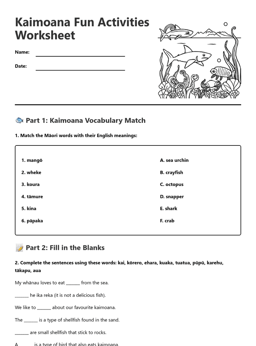 Kaimoana Fun Activities Worksheet
