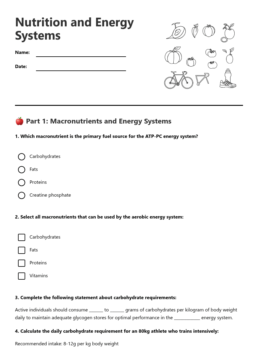 Nutrition and Energy Systems worksheet preview