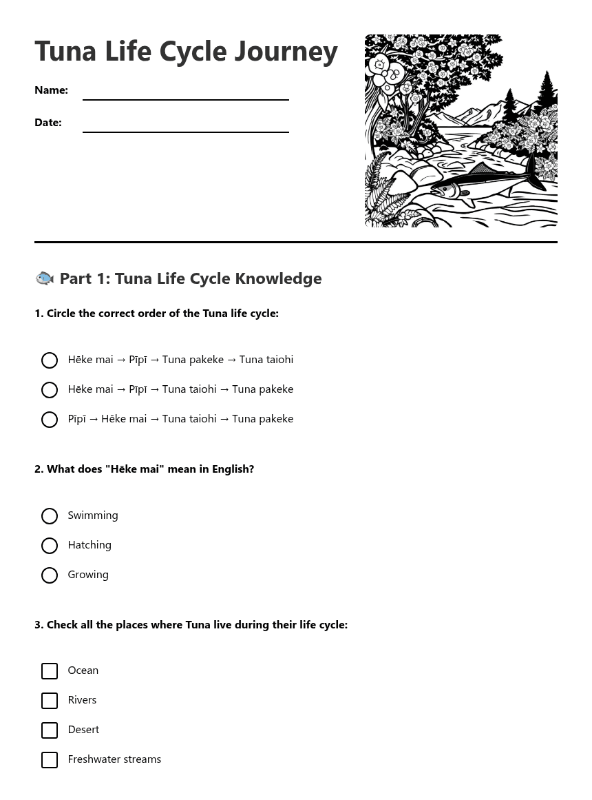 Tuna Life Cycle Journey worksheet preview