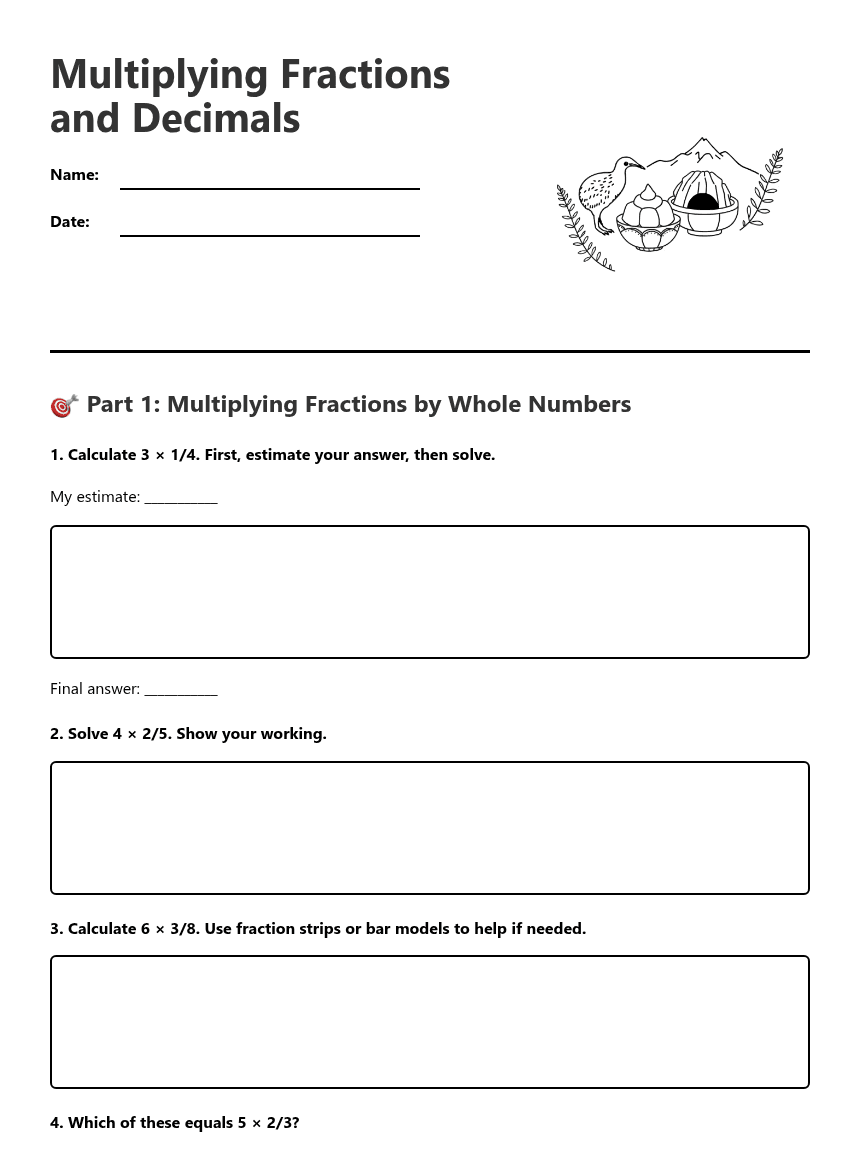 Multiplying Fractions and Decimals worksheet preview