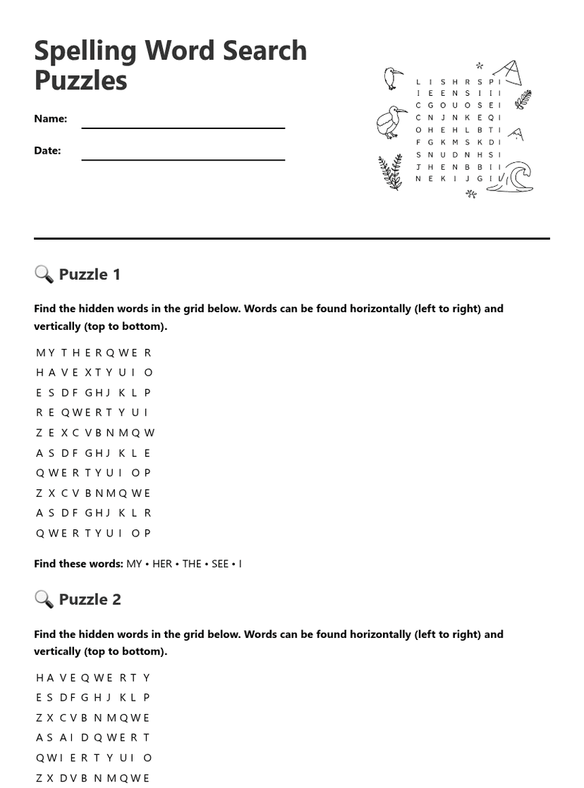 Spelling Word Search Puzzles