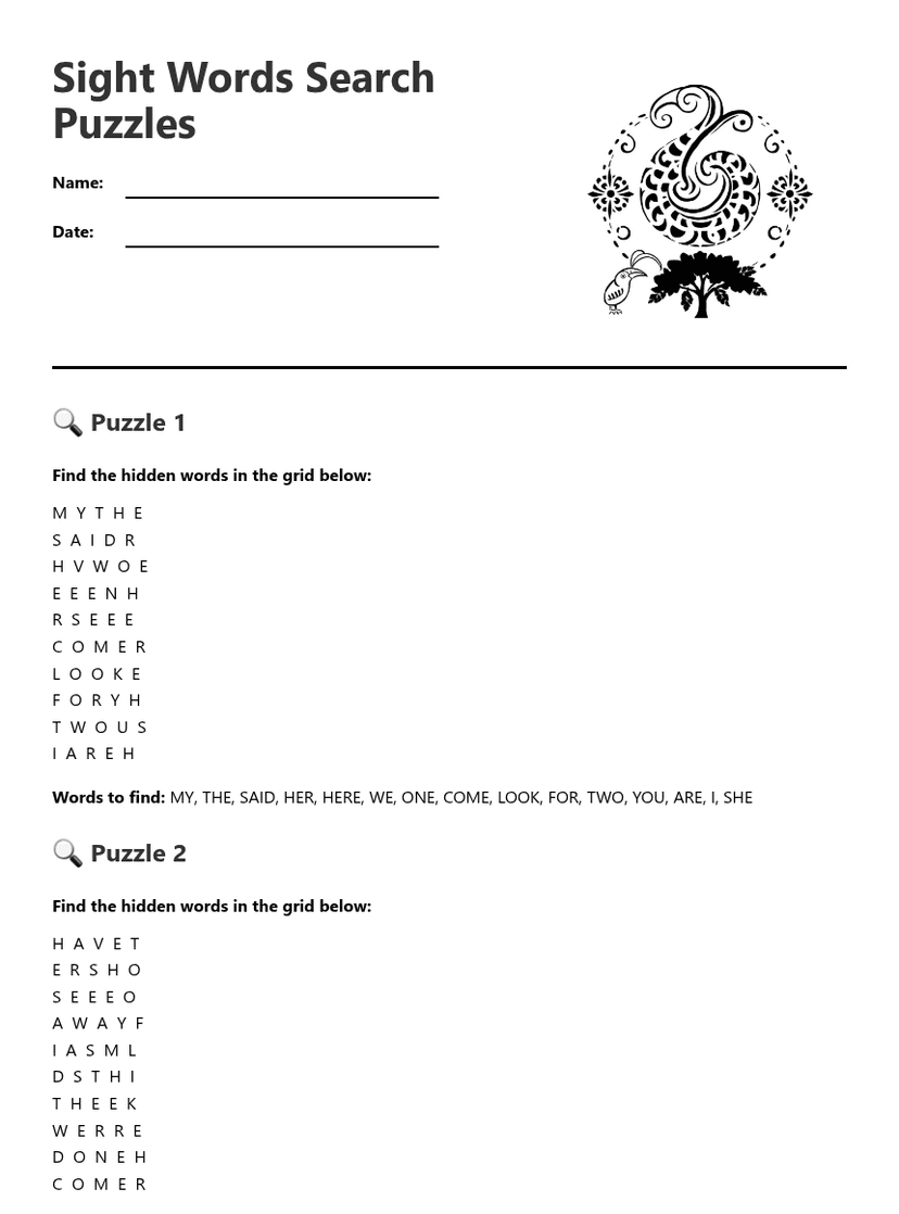 Sight Words Search Puzzles