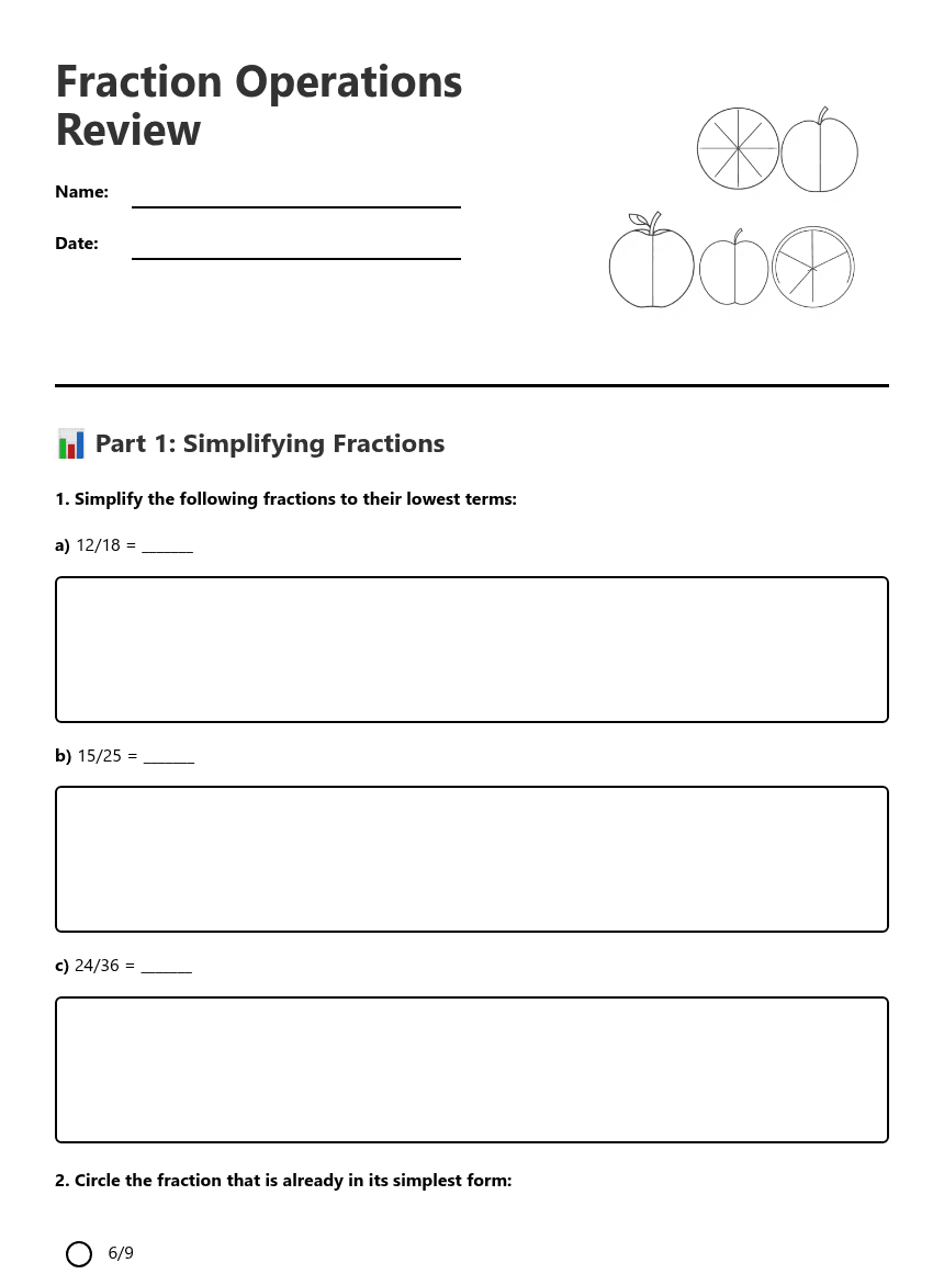 Fraction Operations Review worksheet preview