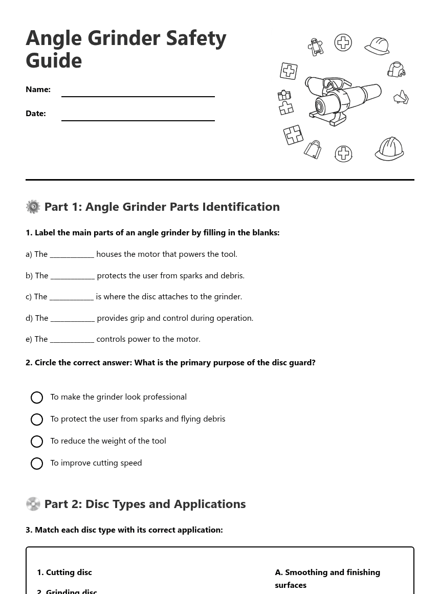 Angle Grinder Safety Guide worksheet preview