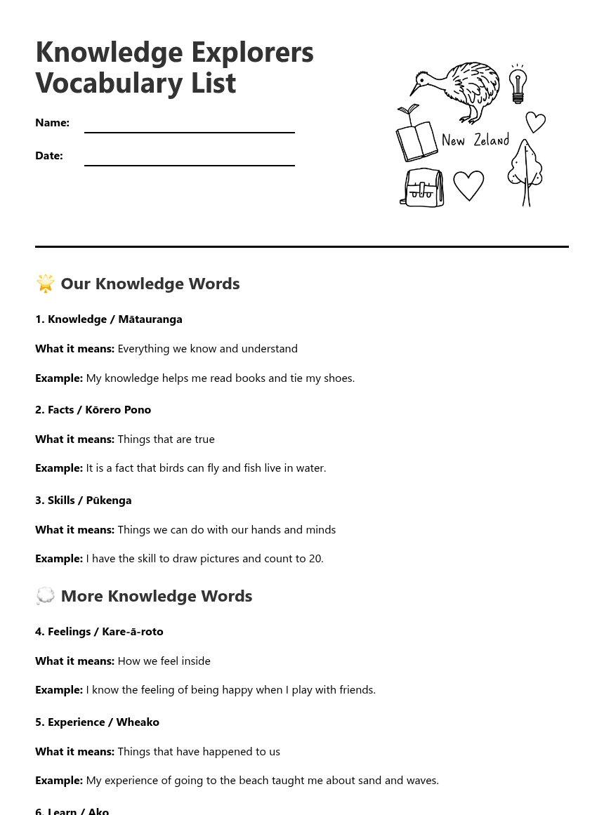 Knowledge Explorers Vocabulary List worksheet preview