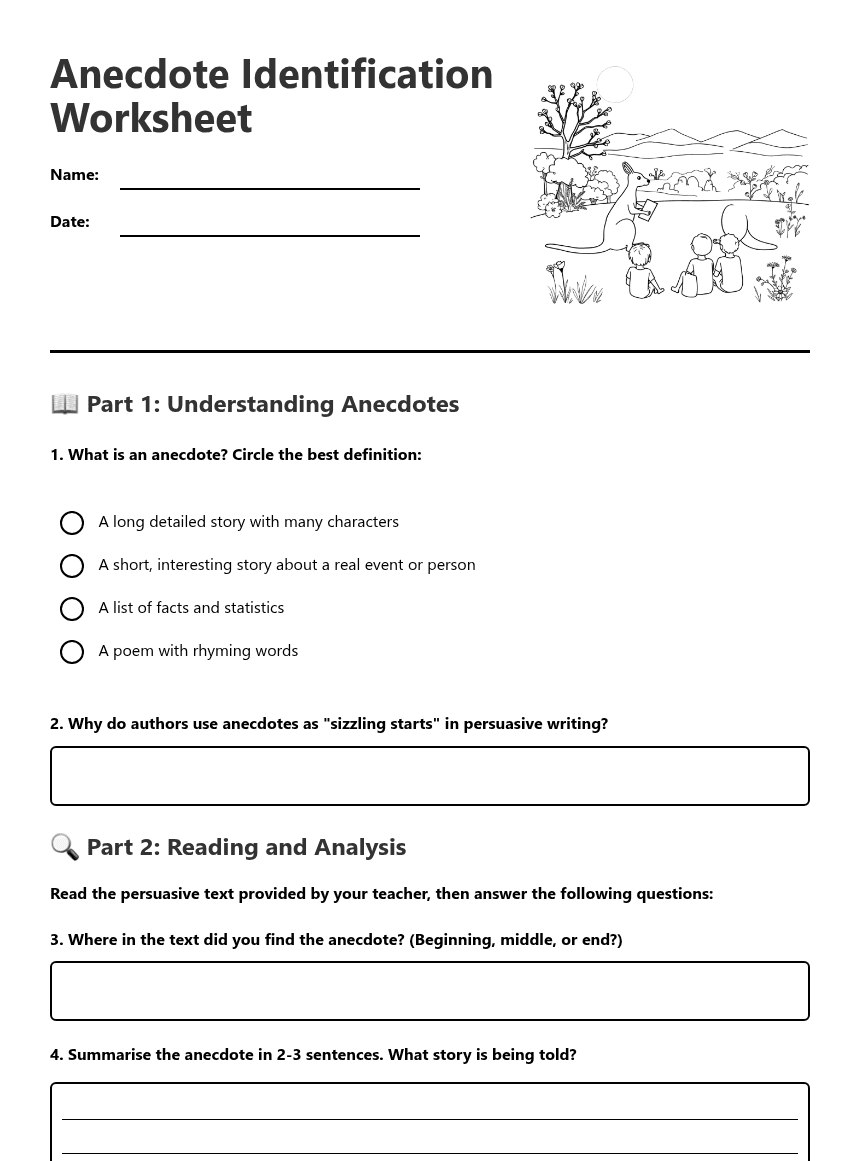 Anecdote Identification Worksheet worksheet preview