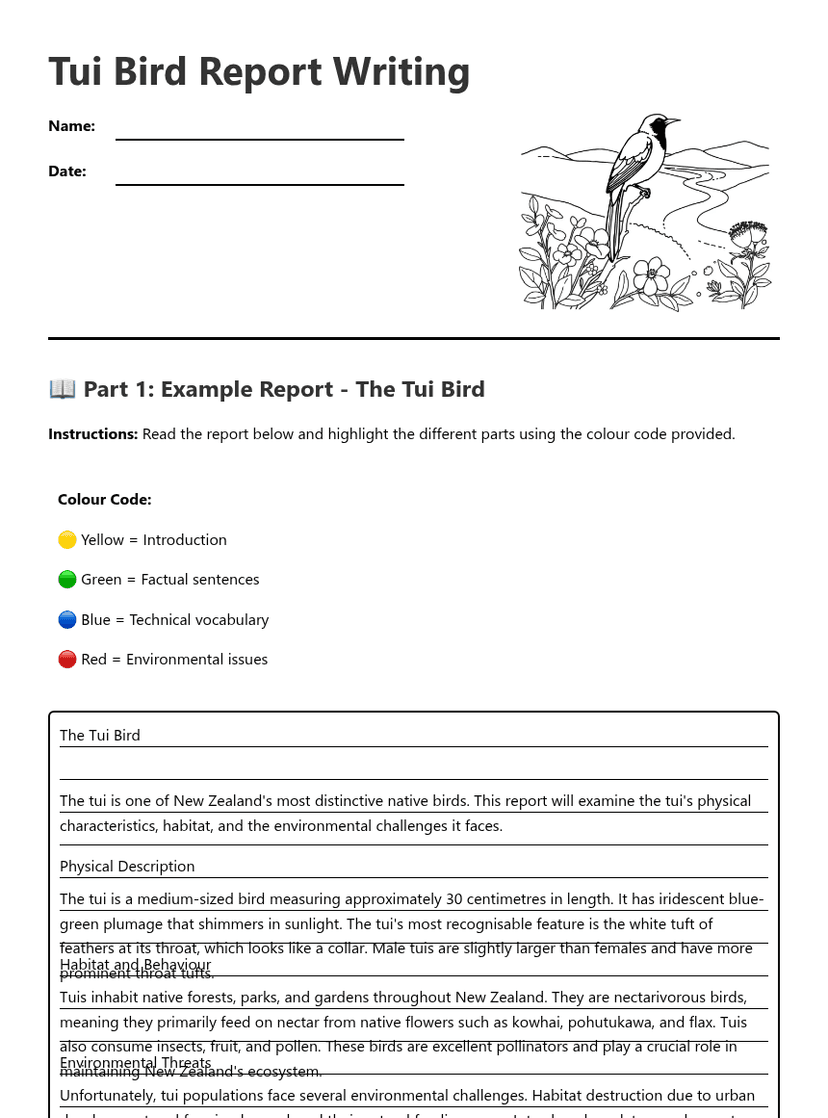 Tui Bird Report Writing