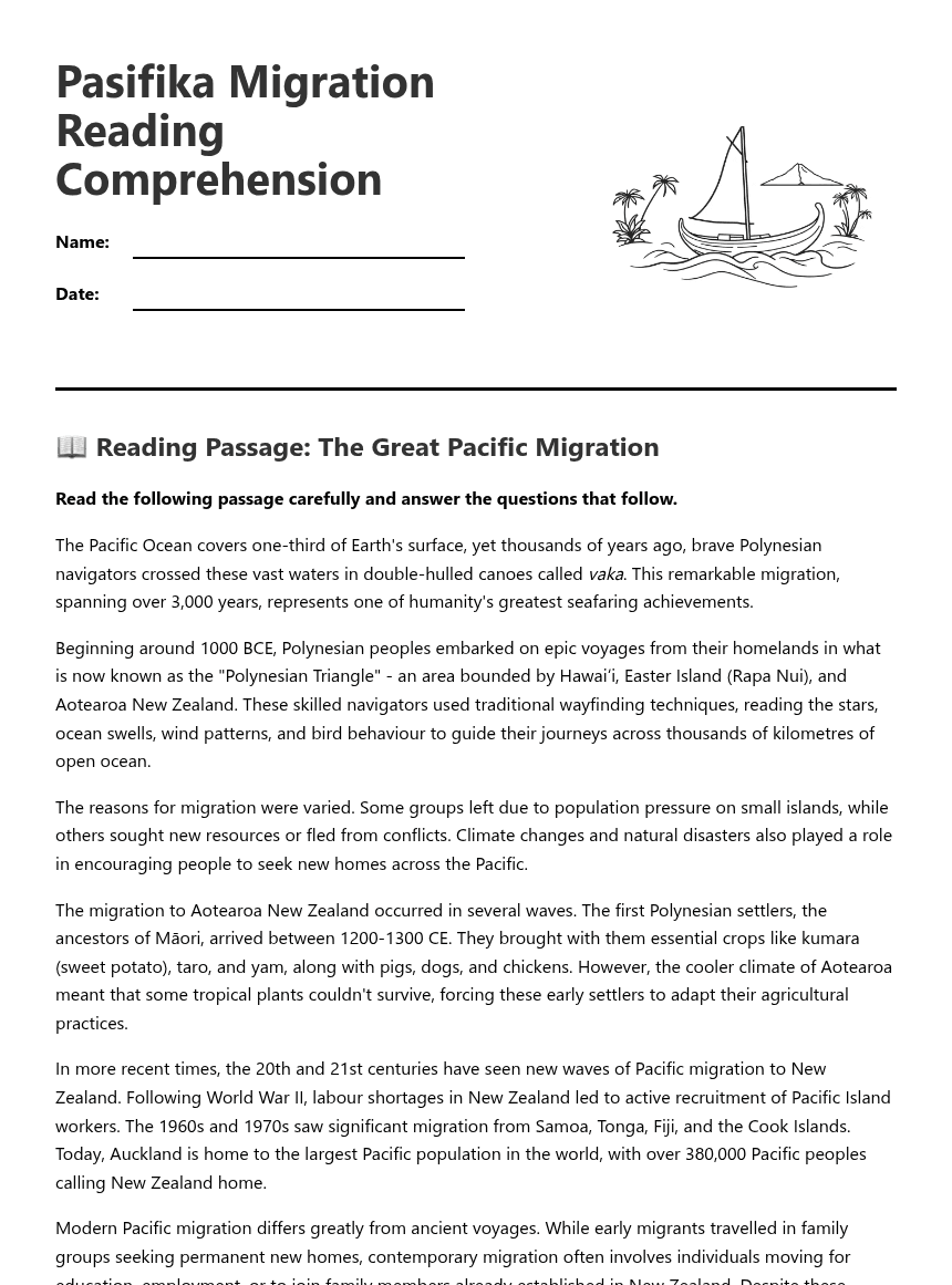 Pasifika Migration Reading Comprehension worksheet preview