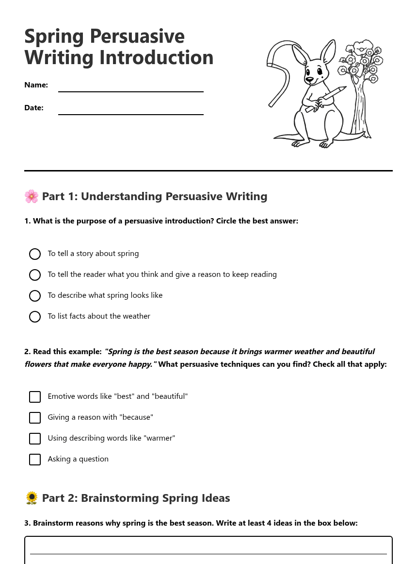 Spring Persuasive Writing Introduction worksheet preview