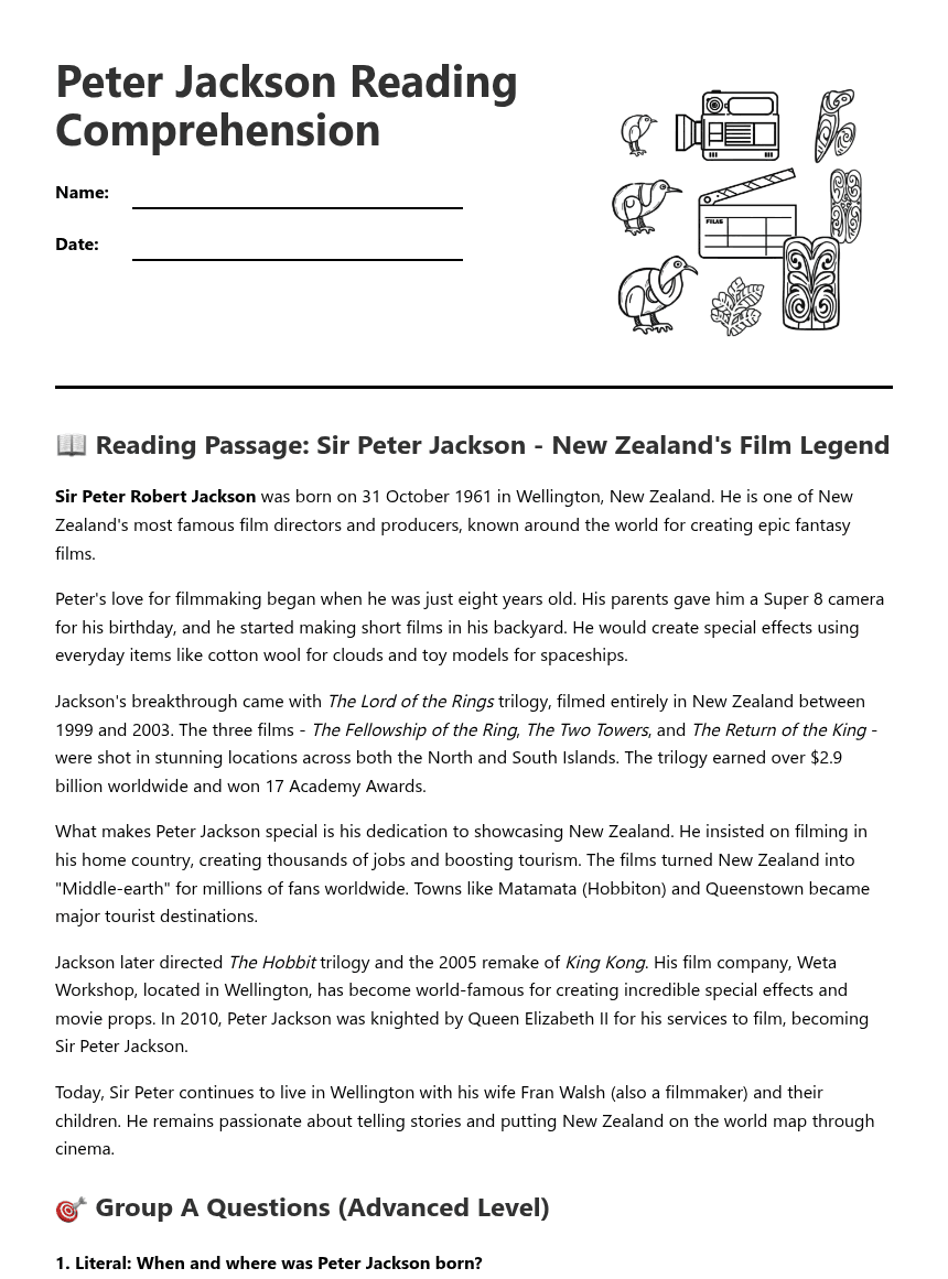 Peter Jackson Reading Comprehension worksheet preview