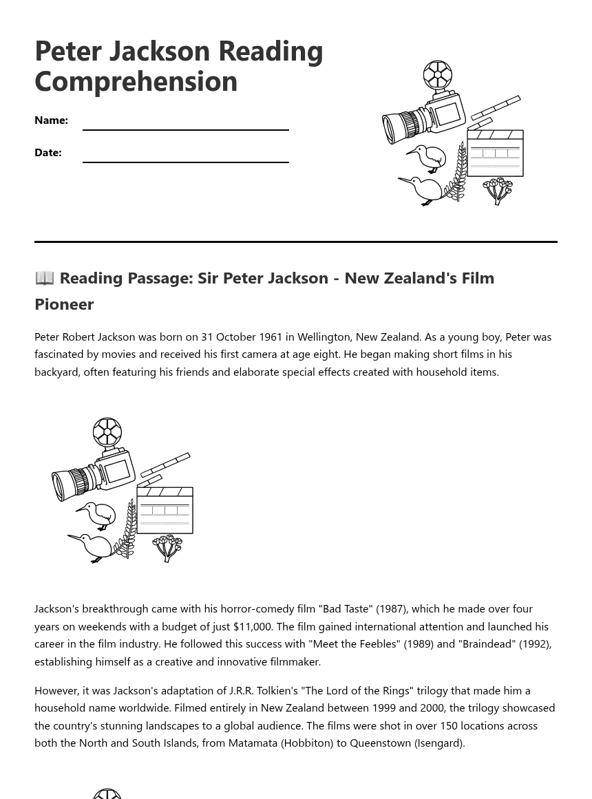 Peter Jackson Reading Comprehension worksheet preview