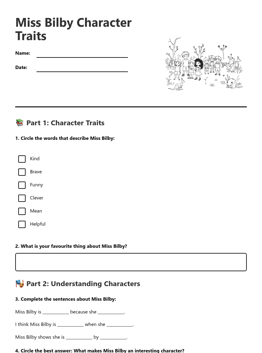 Miss Bilby Character Traits worksheet preview