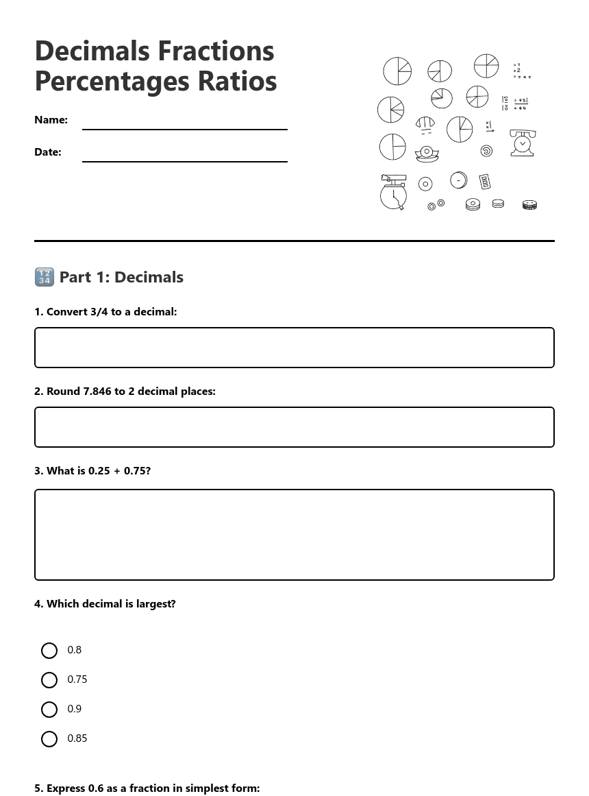 Decimals Fractions Percentages Ratios worksheet preview
