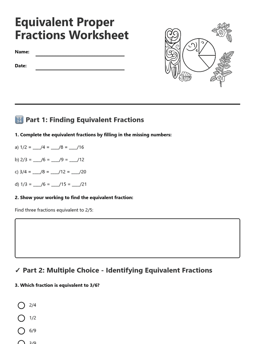 Equivalent Proper Fractions Worksheet