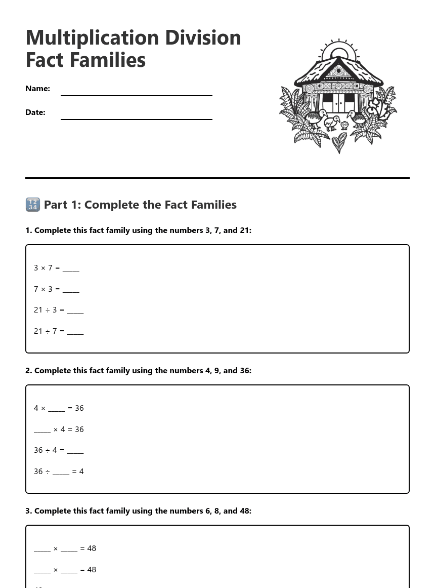 Multiplication Division Fact Families worksheet preview