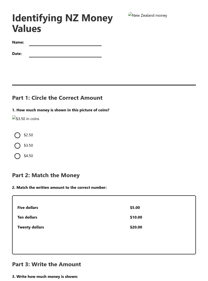 Identifying NZ Money Values worksheet preview