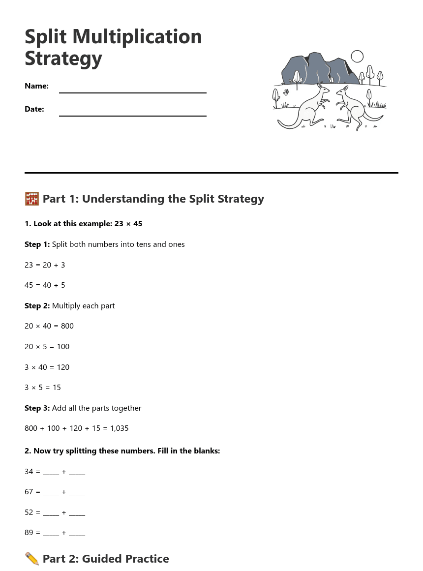 Split Multiplication Strategy worksheet preview