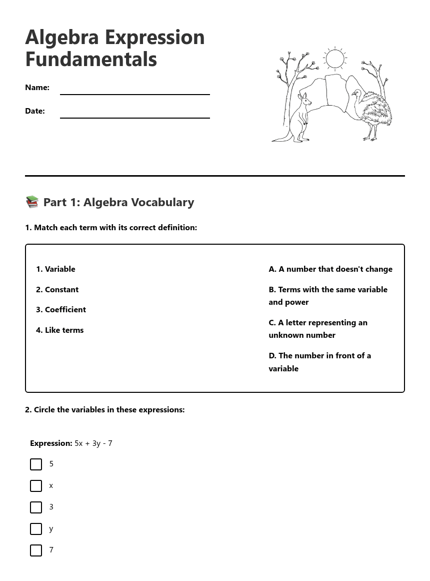 Algebra Expression Fundamentals worksheet preview