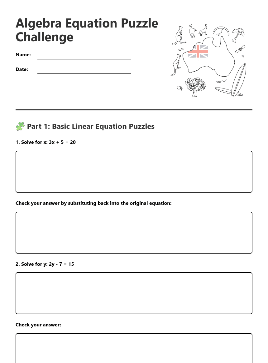Algebra Equation Puzzle Challenge worksheet preview