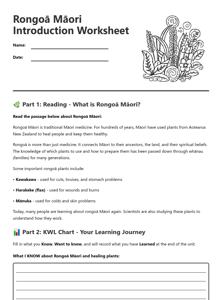 Rongoā Māori Introduction Worksheet worksheet preview