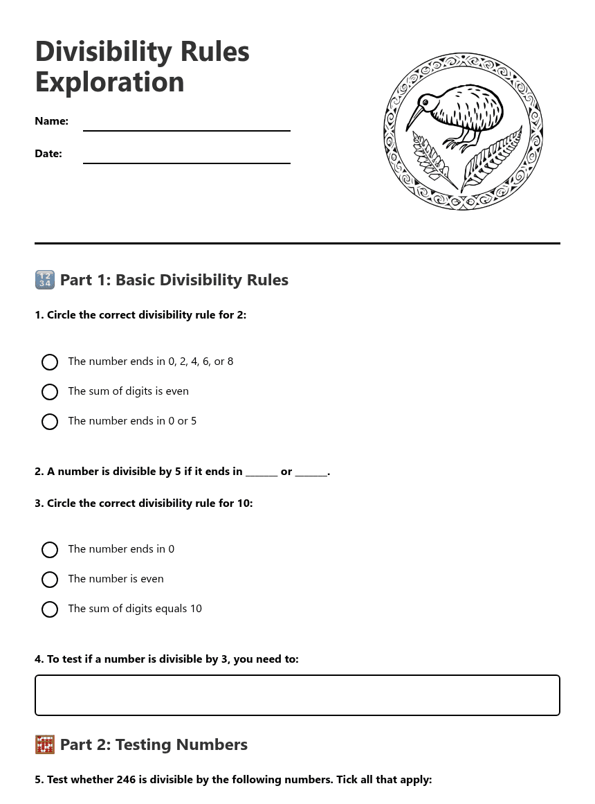 Divisibility Rules Exploration worksheet preview
