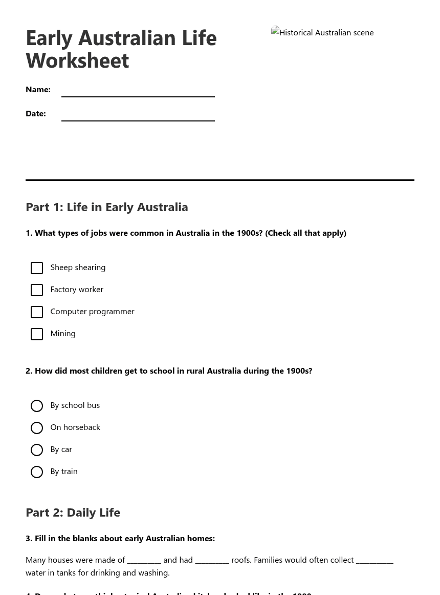 Early Australian Life Worksheet worksheet preview