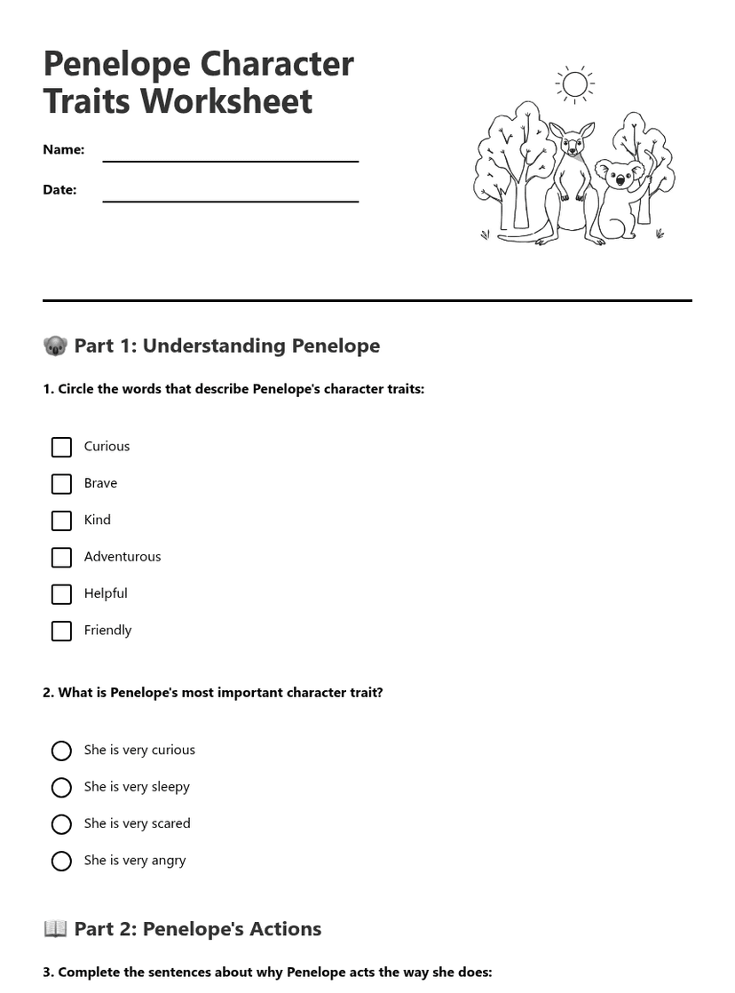 Penelope Character Traits Worksheet