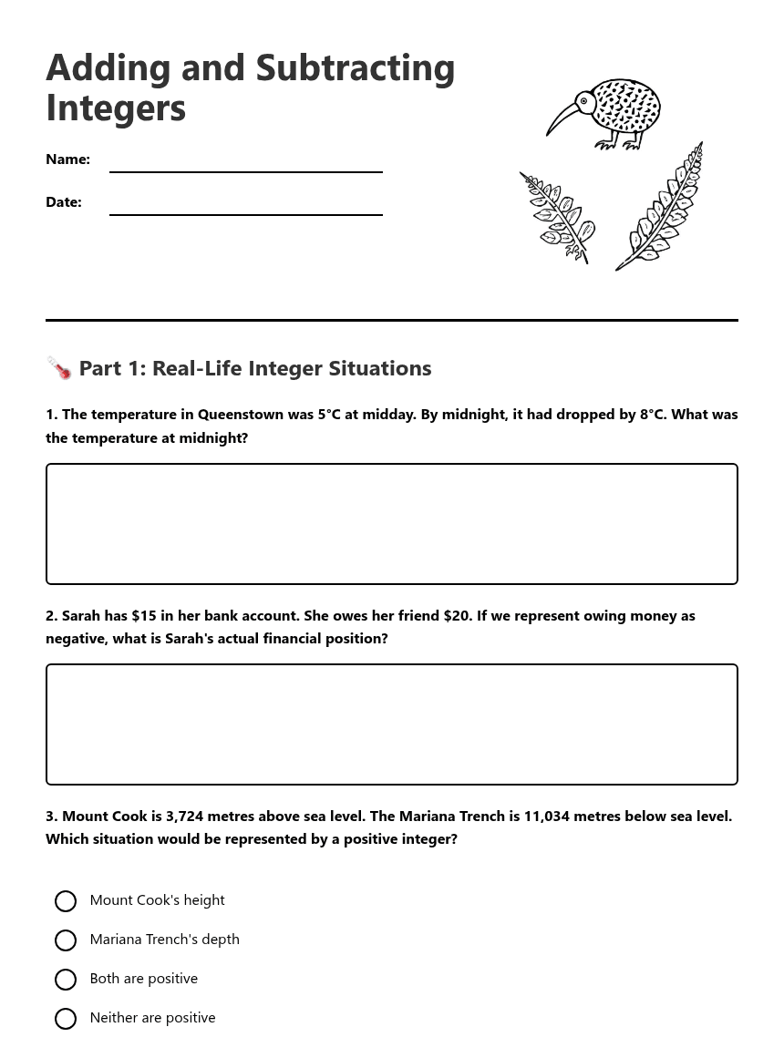 Adding Subtracting Integers worksheet preview