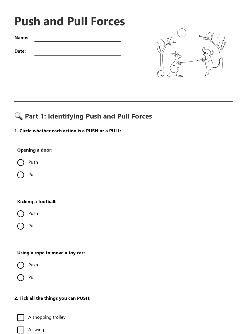 Push and Pull Forces worksheet preview