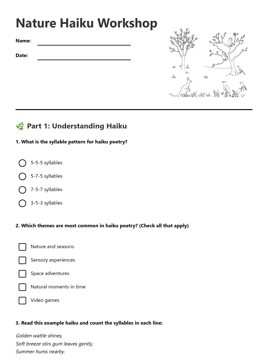 Nature Haiku Workshop worksheet preview