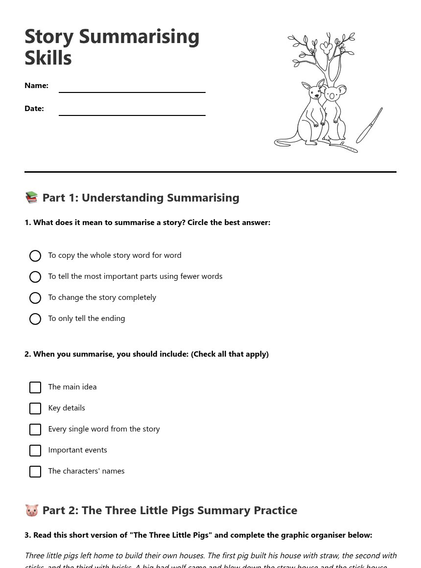 Story Summarising Skills worksheet preview